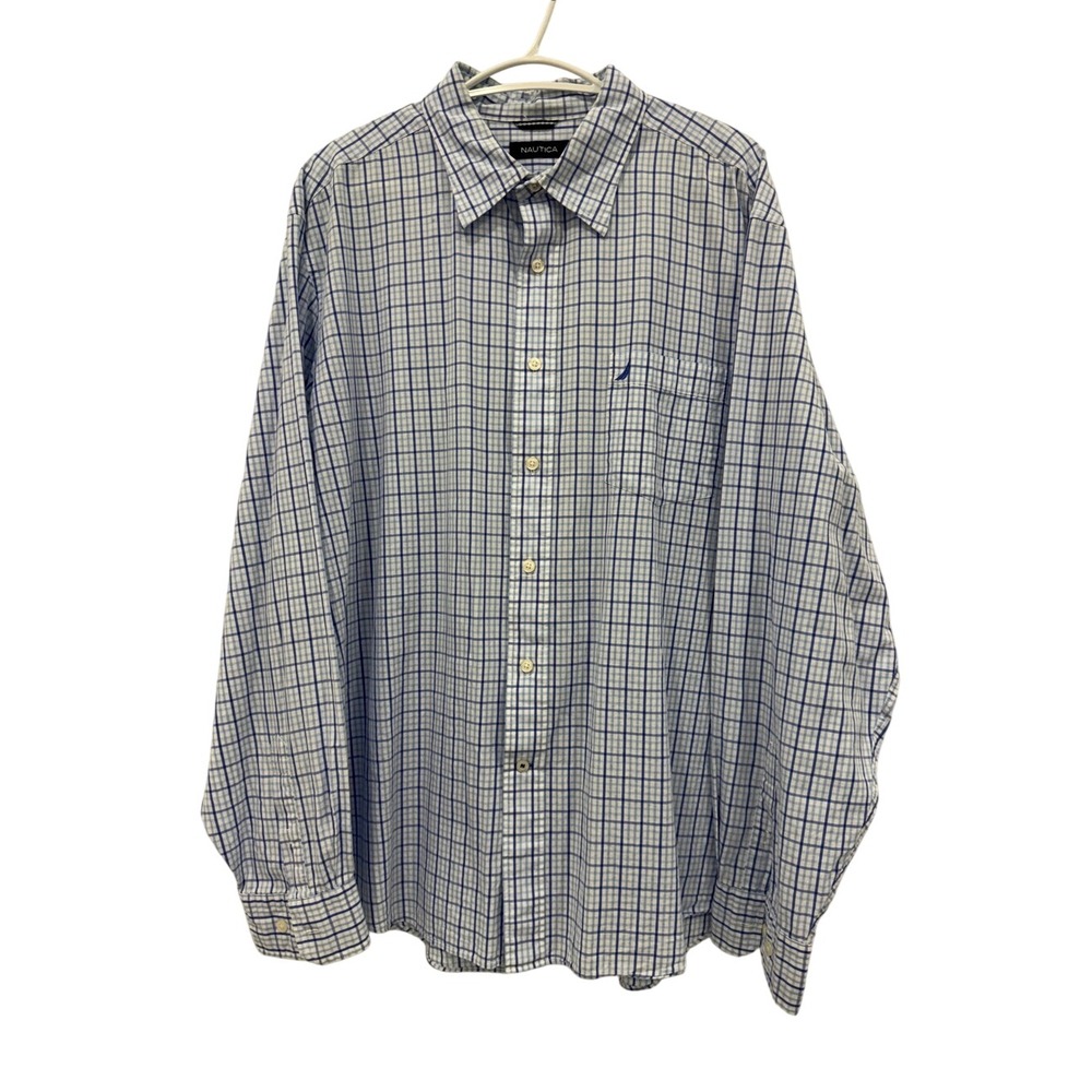 Nautica Men's XL 100% Cotton Blue White Plaid Button Up Shirt